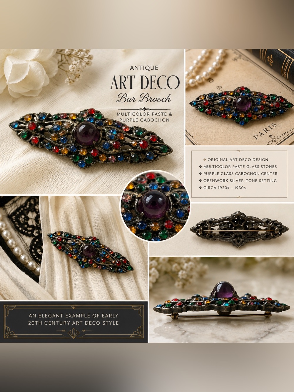 Art Deco Multicolor Paste & Purple Cabochon Bar Brooch - Antique Style